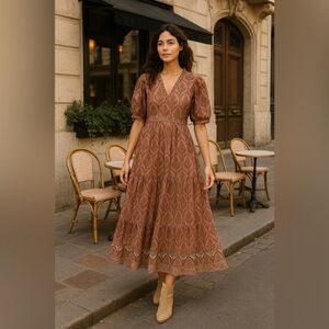 NWT Victoria Dunn Mauve Floral Block Print Cotton Dress XL Boho Tiered Midi